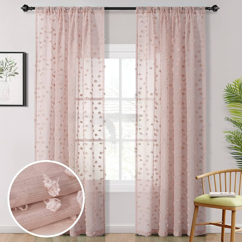 MYSKY HOME Pom Pom Pink Sheer Curtains for Bedroom Light Filtering Semi-Sheer Curtains for Nurser... | Amazon (US)