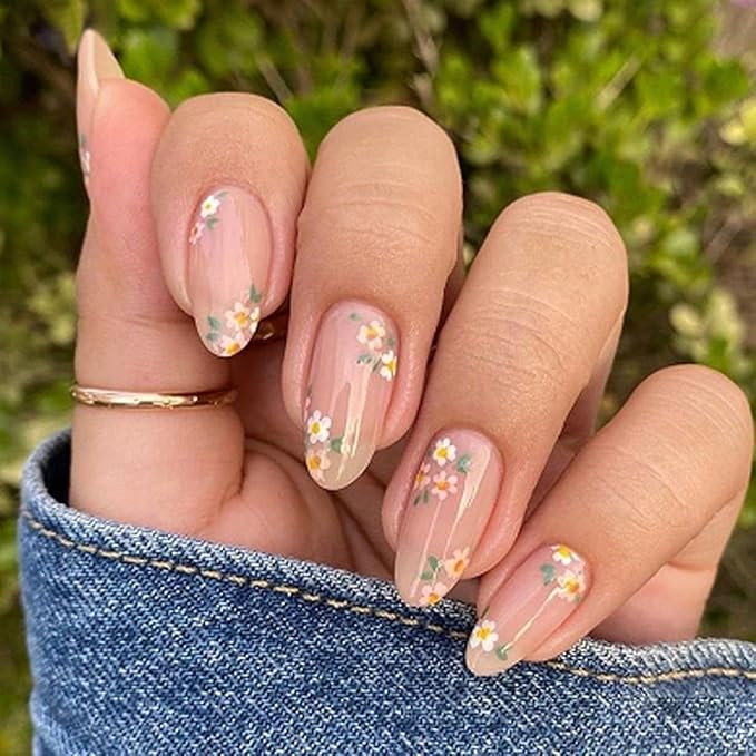 Pink Spring Press on Nails Almond Shape Fake Nails with Small Flower Designs Daisy Floral Artific... | Amazon (US)