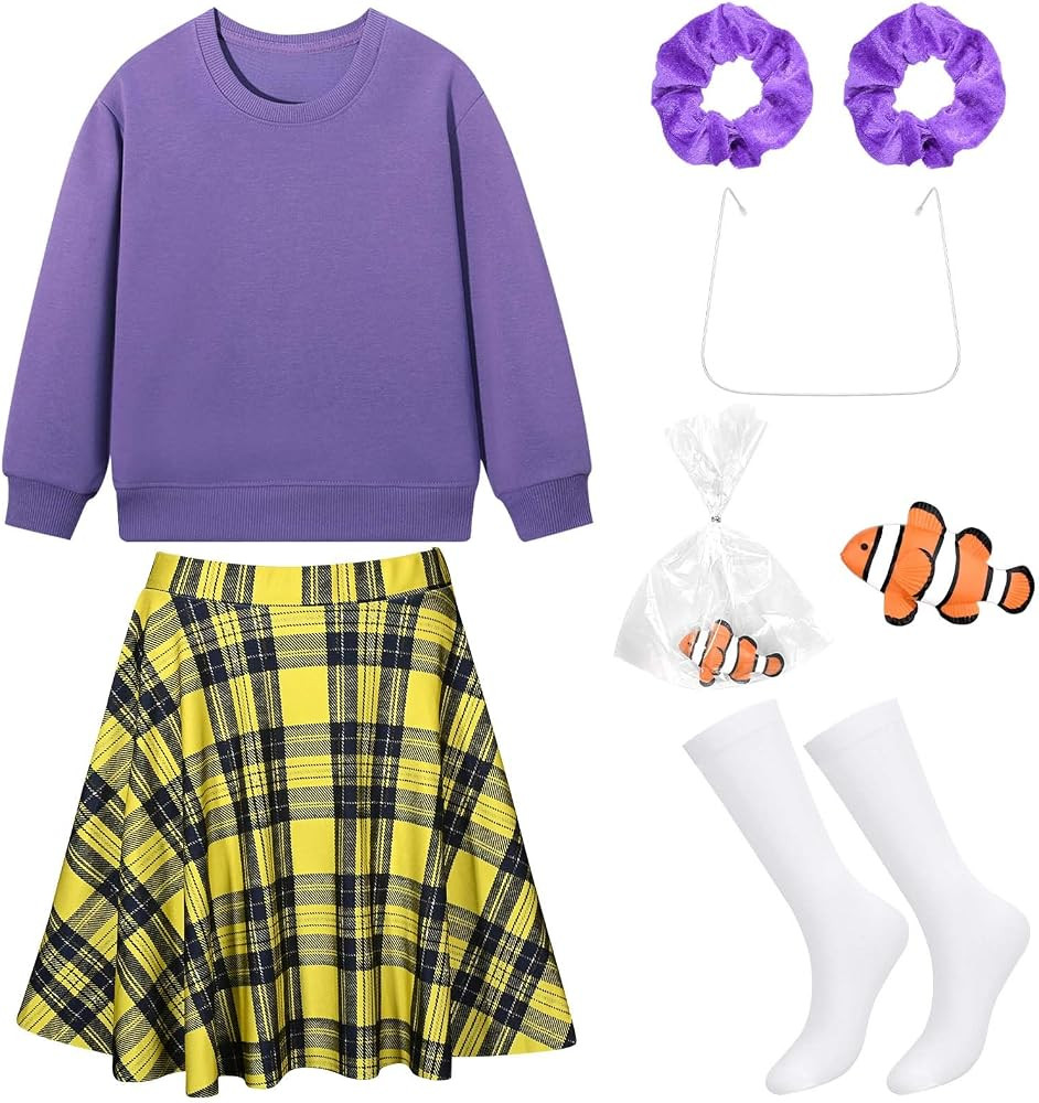 JcHrmers Shaking Fish Bag Costume Purple Sweatshirt Yellow Plaid Skirt Knee High Socks Hair Ties ... | Amazon (US)