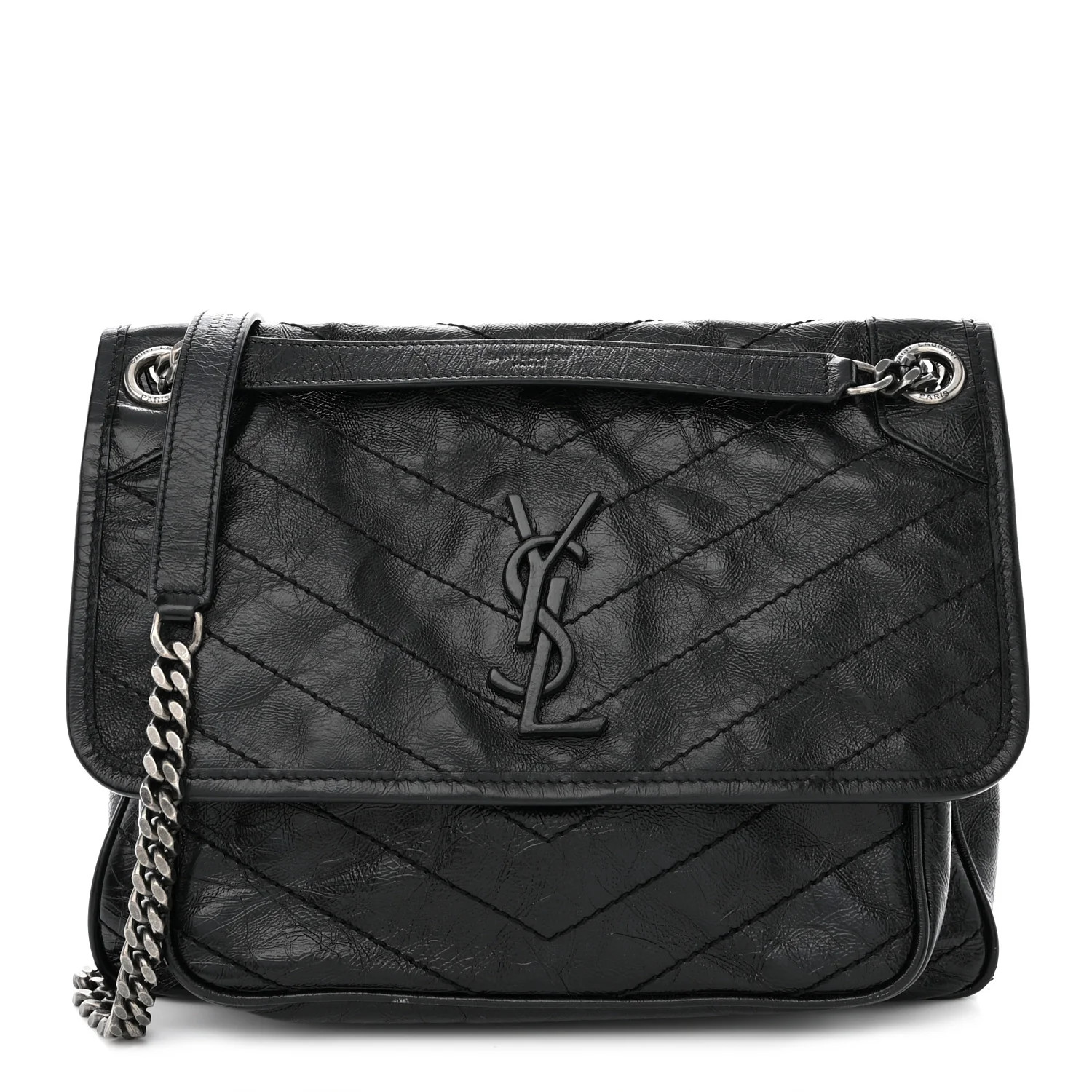Saint Laurent Crinkled Calfskin Matelasse Monogram Medium Niki Chain Satchel Black | FASHIONPHILE (US)