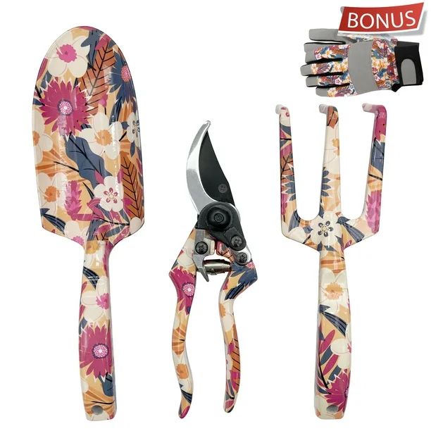 Essentials Purple Floral Garden Hand Tools Set with Cultivator, Trowel, Pruner and Bonus Gloves -... | Walmart (US)