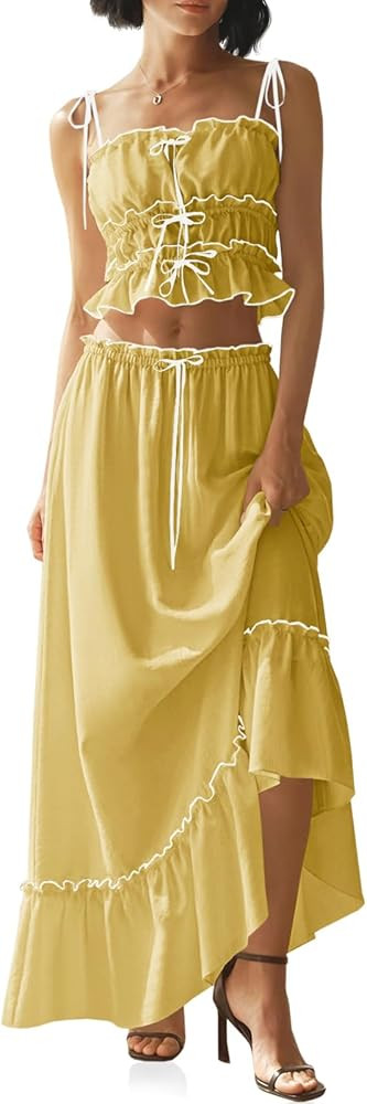 Wenrine Women's Summer 2 Piece Skirt Sets Casual Spaghetti Straps Cropped Cami Ruffle Maxi Skirt ... | Amazon (US)