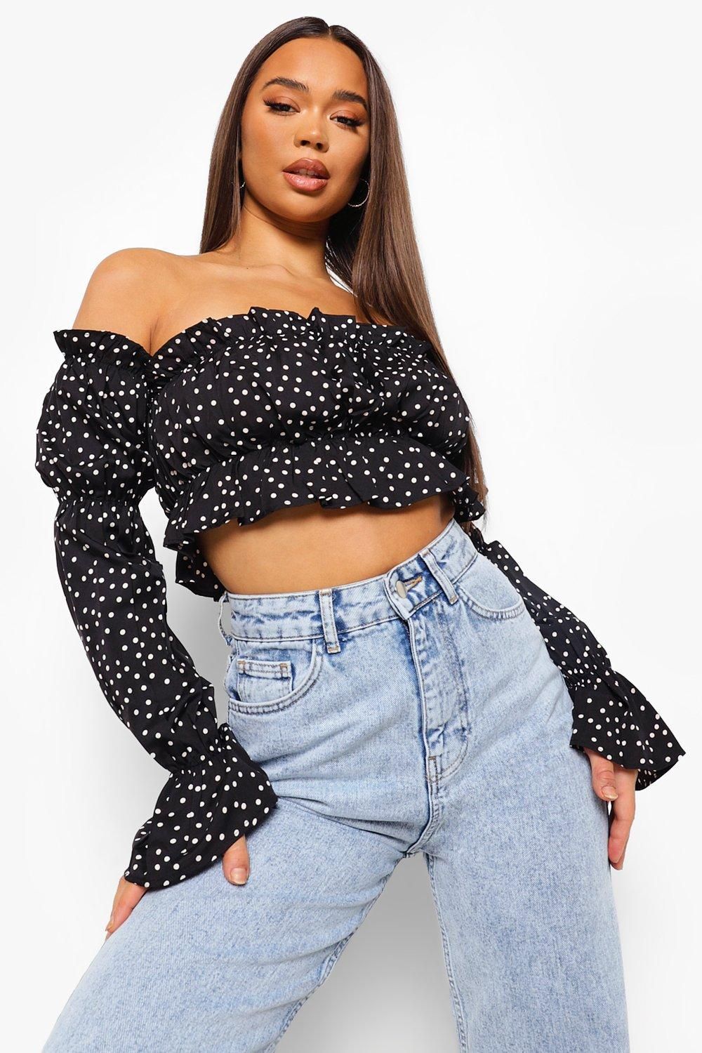 Black Woven Polka Dot Off The Shoulder Crop Top | Boohoo.com (UK & IE)