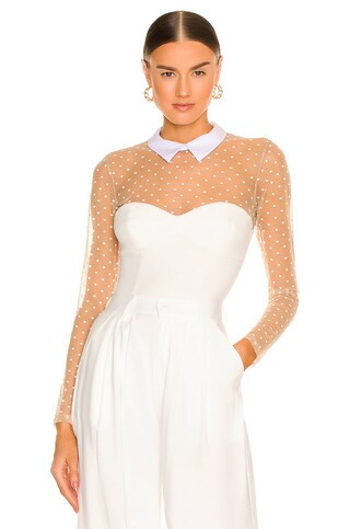 fleur du mal Collared Bodysuit With Dotted Tulle in Ivory from Revolve.com | Revolve Clothing (Global)