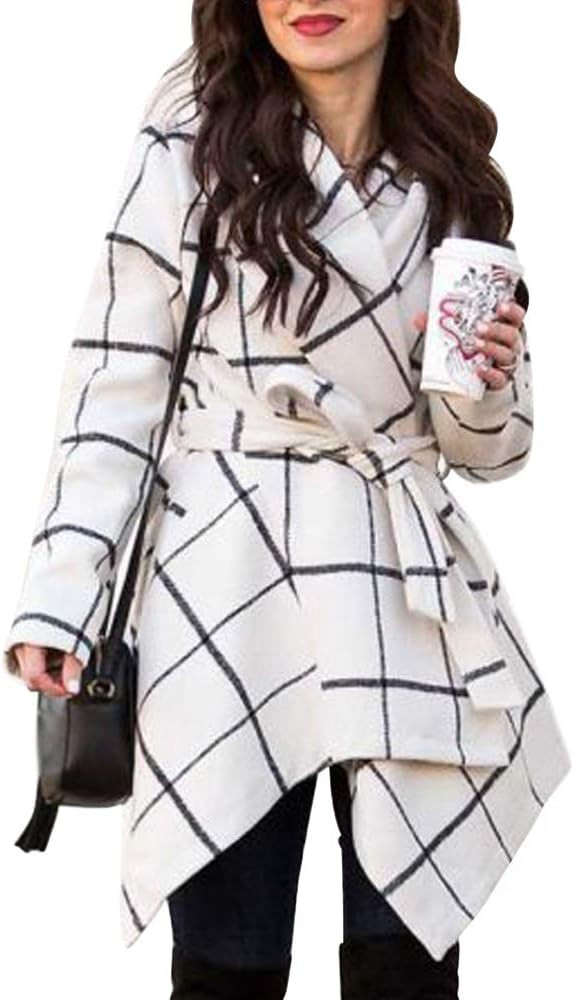 CHICWISH Women's Turn Down Shawl Collar Grid Off-White Asymmetric Hemline Wool Blend Coat, Size L... | Amazon (US)
