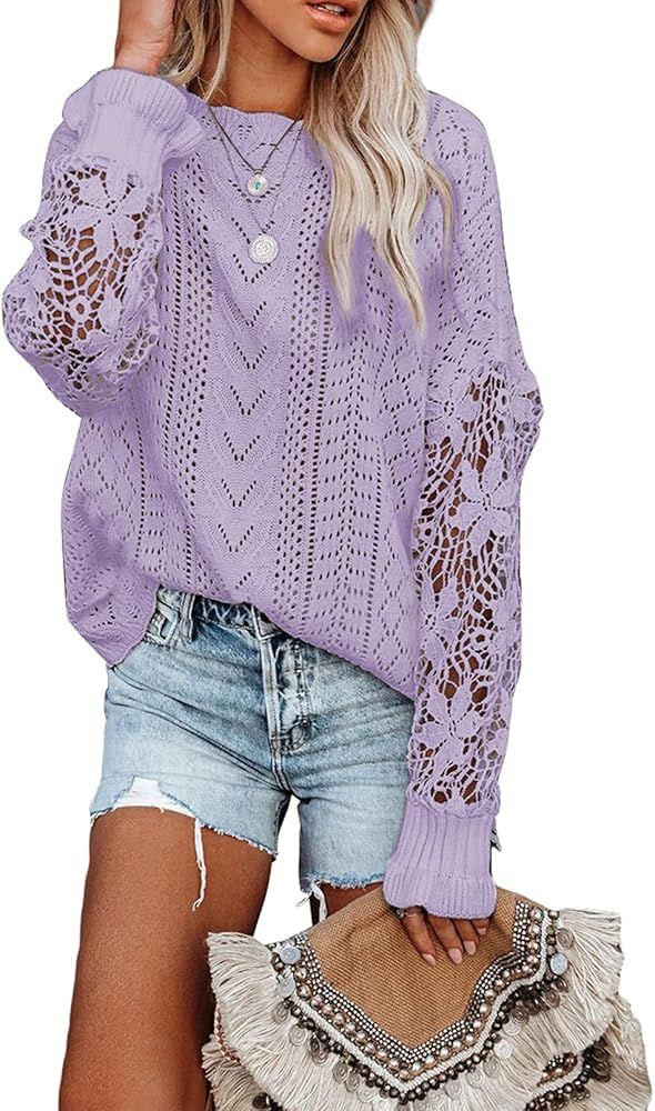 AlvaQ Women Lace Crochet Long Sleeve Crewneck Sweaters Winter Knit Pullover Jumper Tops | Amazon (US)