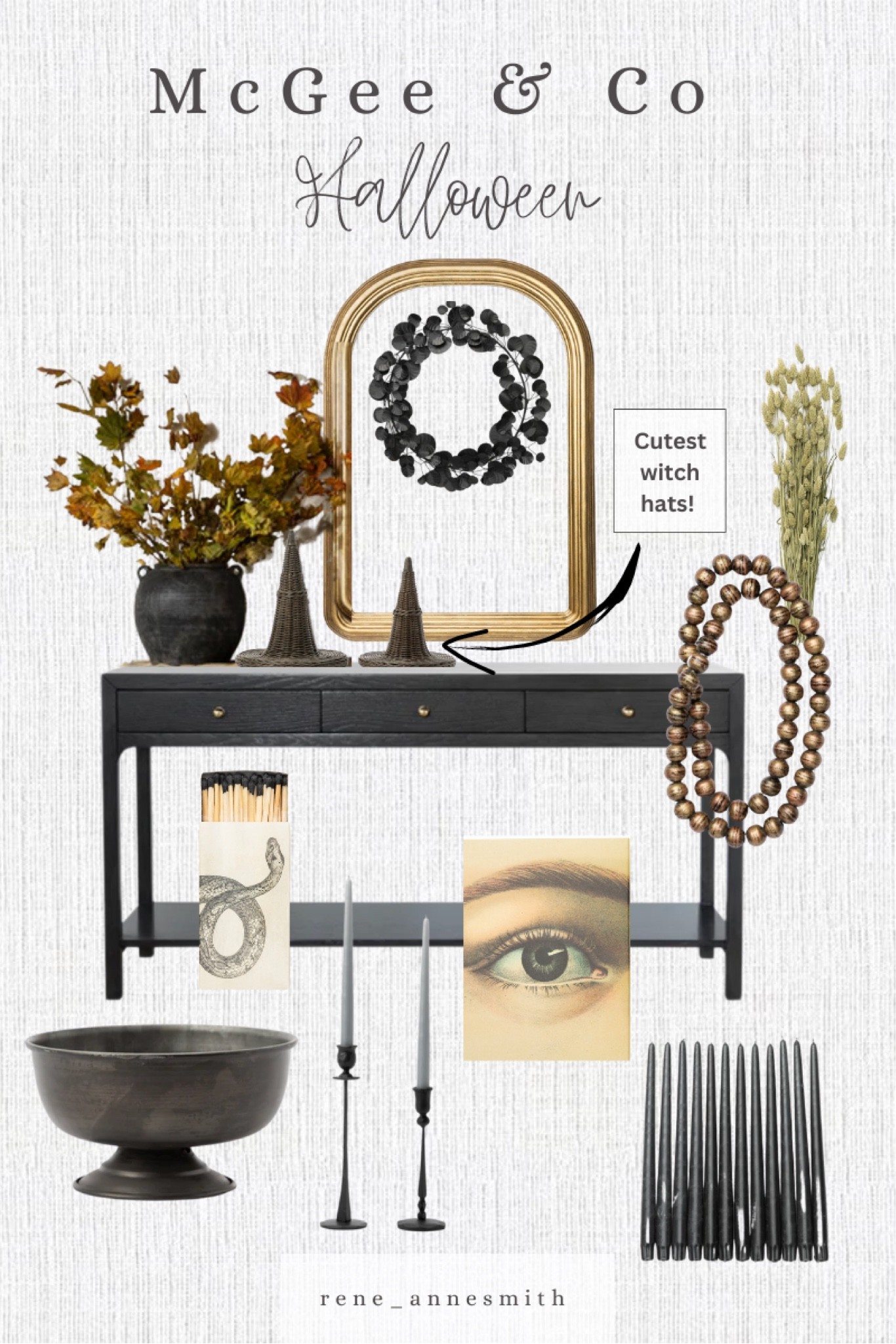 A simpler side of spooky. Love all the curated pieces from the McGee & Co collection for Halloween. Look at those little wicker witch hats! Love! 
Studio McGee, Target finds, greenery, faux stem, mirror, vase, console table, bowl, decor, fall, beads, book, candle, wreath

#LTKHalloween #LTKSeasonal #LTKhome