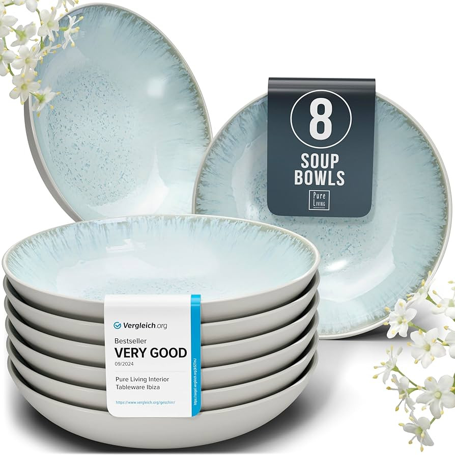 Stoneware Pasta Bowls Set of 8, Stylish Light Beige Blue Plates Ceramic, 7.7" Salad Bowl Set, Dis... | Amazon (US)