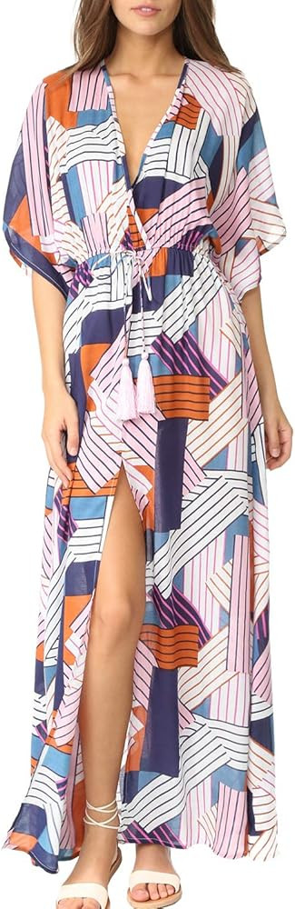 Chunoy Women Summer Color Block Print Maxi Beach Wear Kaftan Dress Loose Side Split Cover Up with... | Amazon (US)