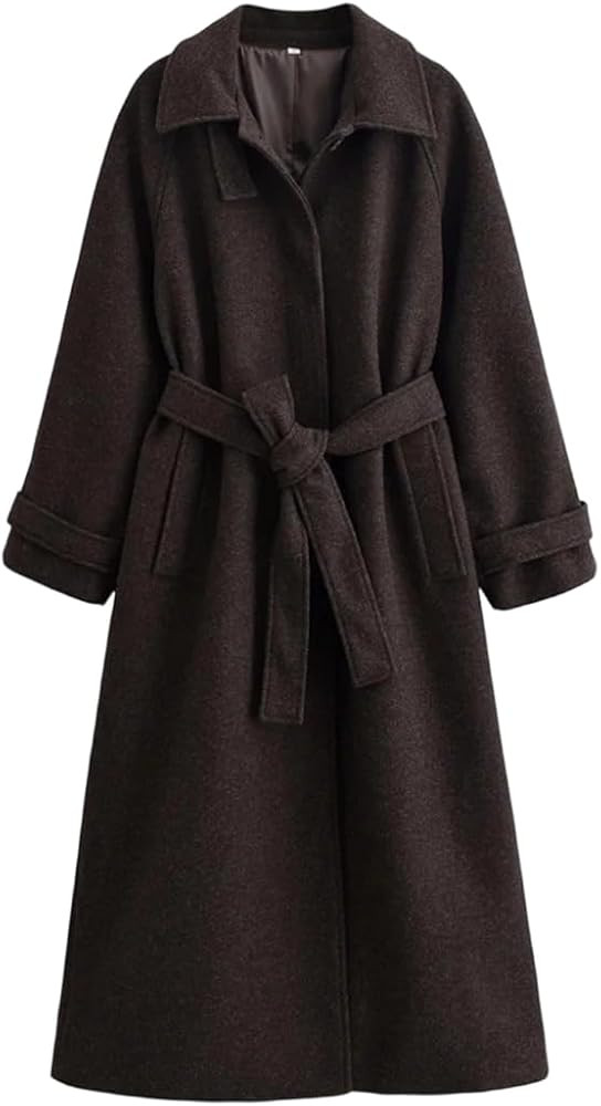 Women's Winter Solid Color Long-Sleeved Belt Loose Long Wool Coat | Amazon (US)
