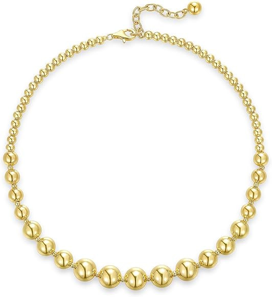 KissYan Gold Beaded Necklace for Women, 14K Gold Plated Chunky Big Ball Beads Chain Choker Neckla... | Amazon (US)