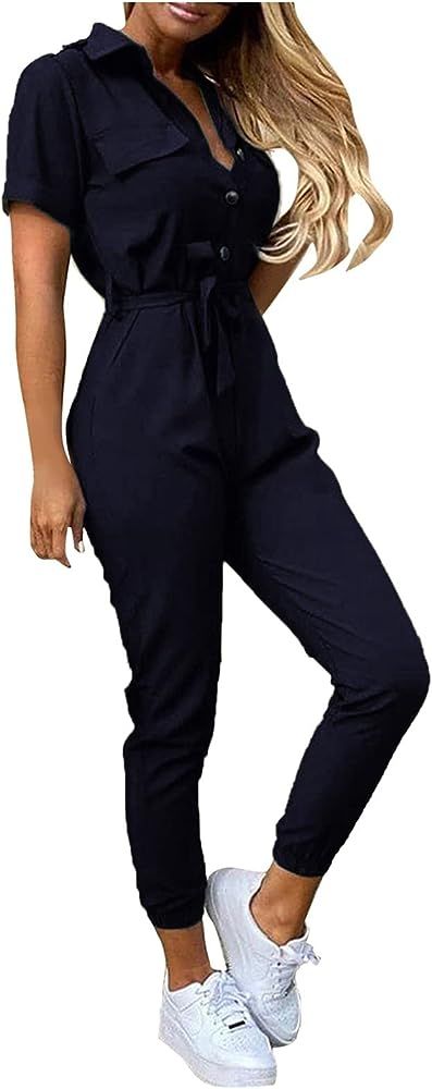 Women's Short Sleeve Collared Cropped Coverall Button Down Tie Waist Cargo Jumpsuit | Amazon (US)