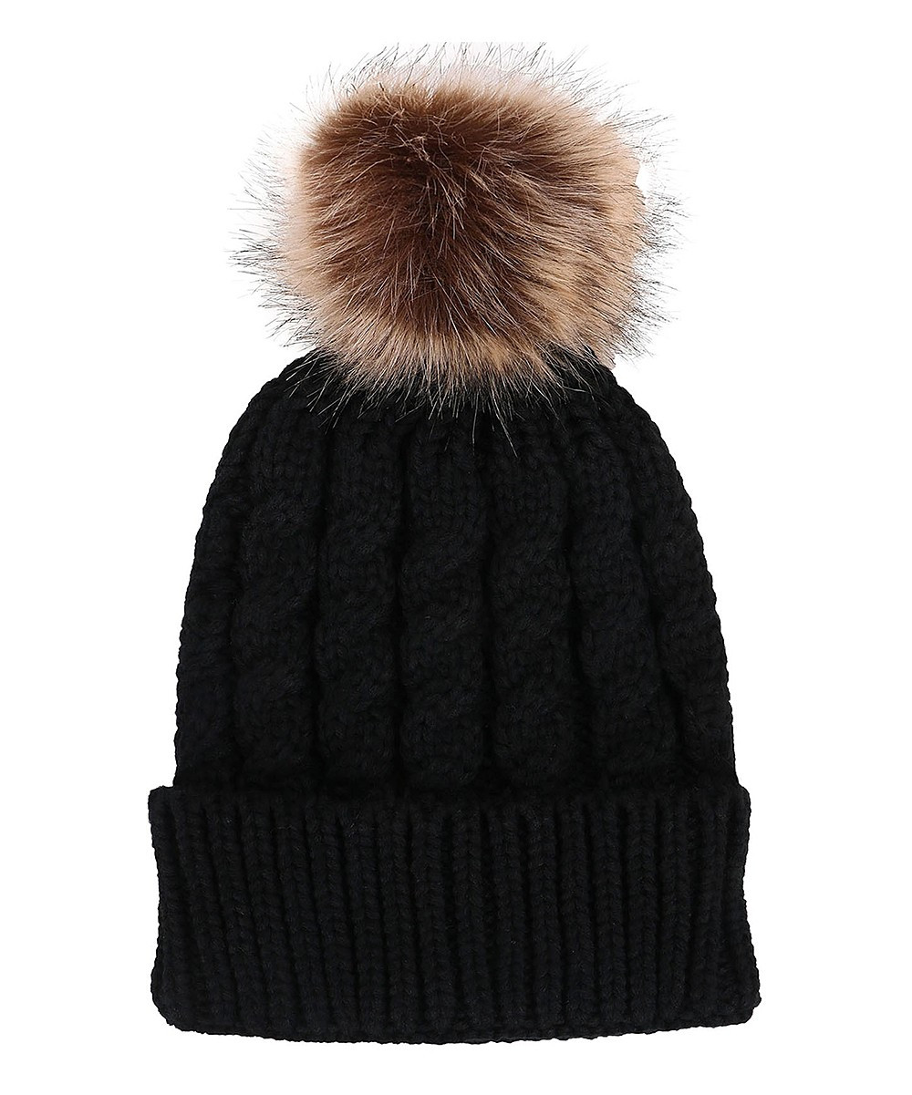 Simplicity Women's Beanies Black - Black Cable-Knit Faux-Fur Pom-Pom Beanie - Women | Zulily