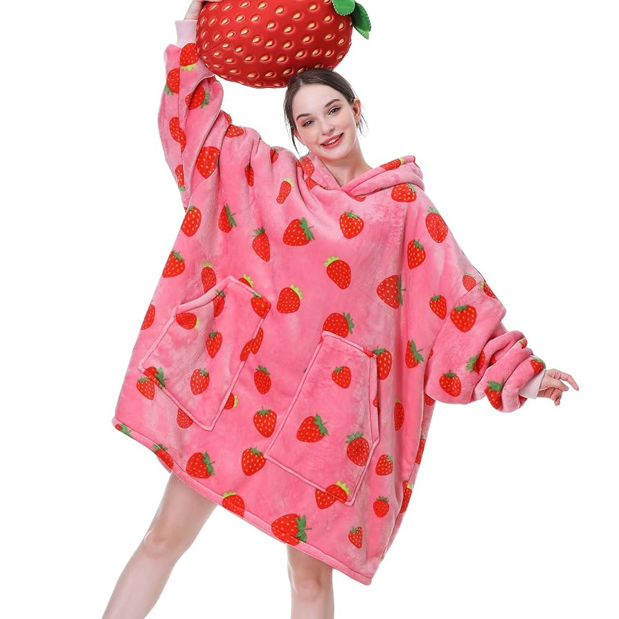 Amazon.com: Aemicion Strawberry Blanket Hoodie,Oversized Sherpa Wearable Hooded Blanket,Warm Cozy... | Amazon (US)