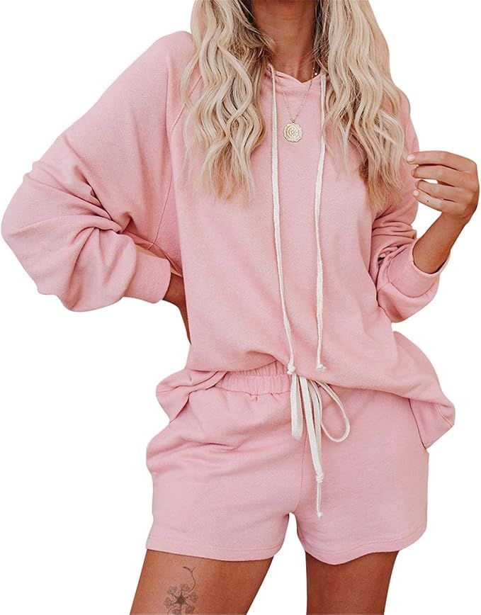 Women's 2 Pieces Pajama Set Hoodie Shorts Sweatsuit Set Pullover Tracksuit PJ Set | Amazon (US)