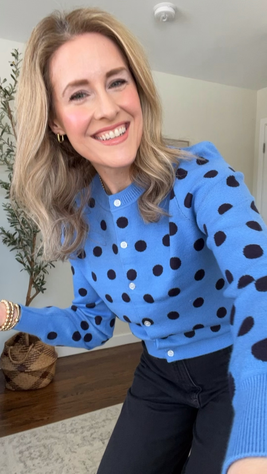 Ok polka dot cardigan you won me over! I love this color, the fabric and the fit. 10/10 recommend. Just size up, I feel like it runs small. I’m in the medium. #walmartfashion 

#LTKWorkwear #LTKOver40
