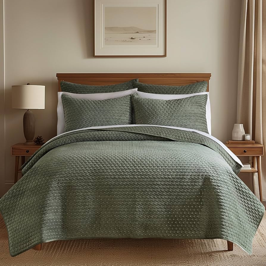 Levtex Home - Velvet Stitch Quilt Set - King Quilt and Two King Shams - Cross Stitch Velvet - Gre... | Amazon (US)