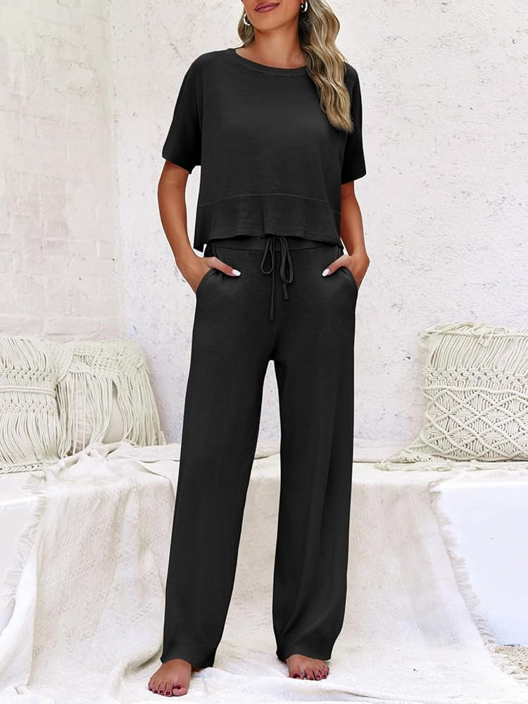 Fisoew Womens 2 Piece Outfits Sweater Sets Knit Split Crop Tops High Waisted Pants Lounge Set | Amazon (US)