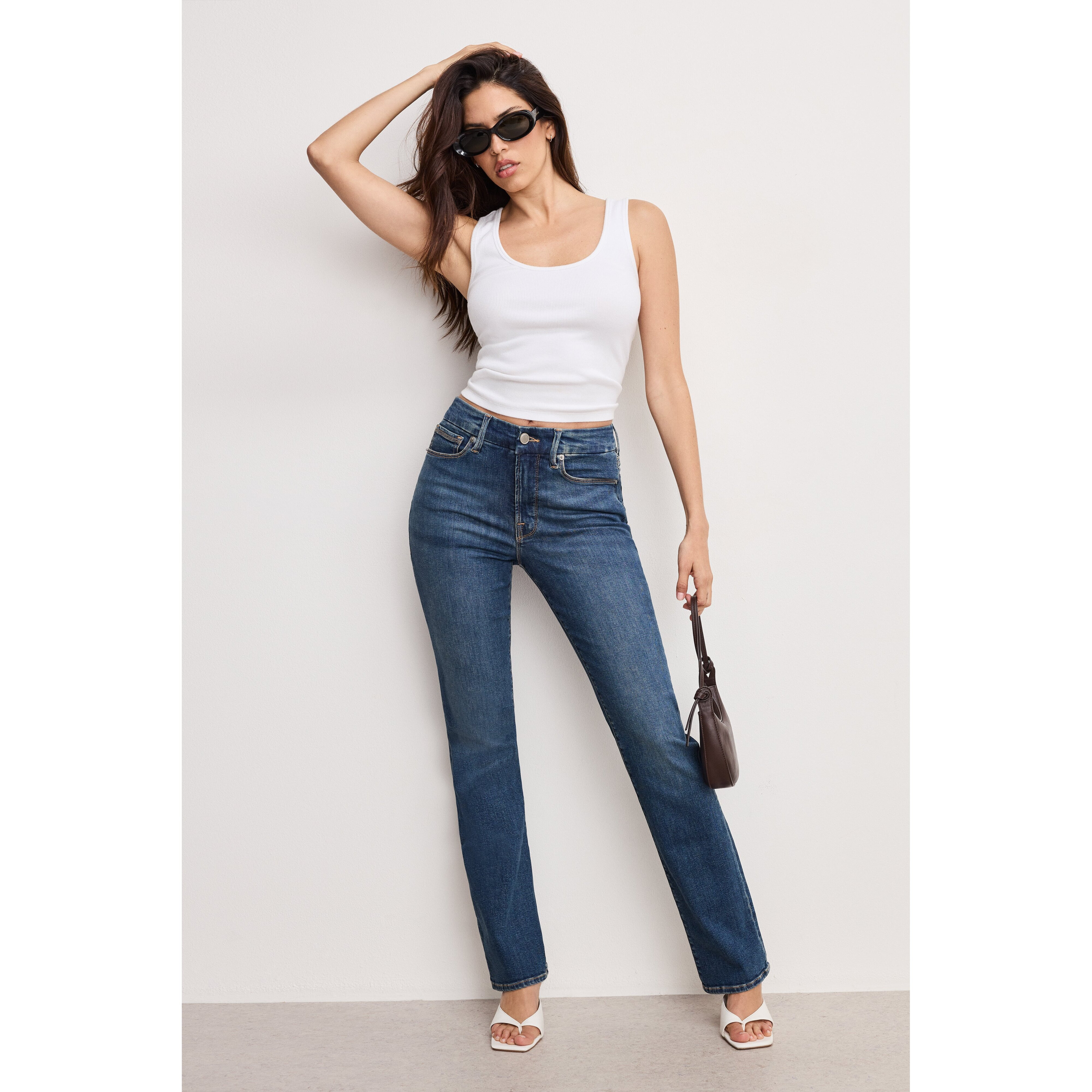 Women's Good Legs Straight Jeans | Extra Stretch, Flat Tummy Tech, Gap-Proof Waistband Long | Blue, Size 0 | Good American by Kh | Good American