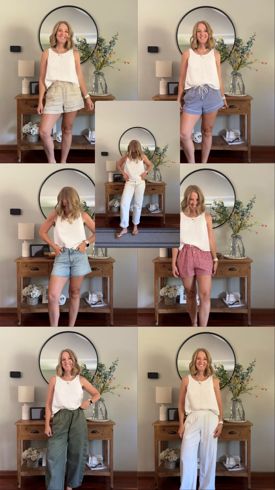 So many ways to wear this cotton tank from gap! I’m wearing a size small. 

Red gingham shorts - medium 
Blue gingham shorts- xs 
Linen shorts - xs
Linen pants - xs 
Cream jeans - 25
Green pants - xs (my color is no longer available) 
Denim shorts - 26

#LTKmomlife #LTKgrwm #LTKootd