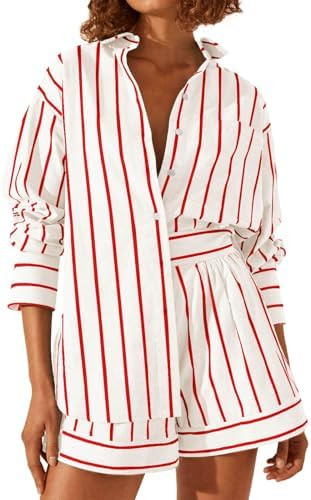 Tankaneo Womens 2 Piece Outfits Striped Long Sleeve Button Down Collared Shirt Matching Shorts Se... | Amazon (US)