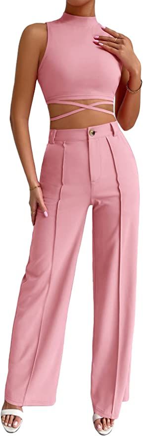 MakeMeChic Women's 2 Piece Outfits Mock Neck Criss Cross Crop Tank Top and Wide Leg Pants Set | Amazon (US)