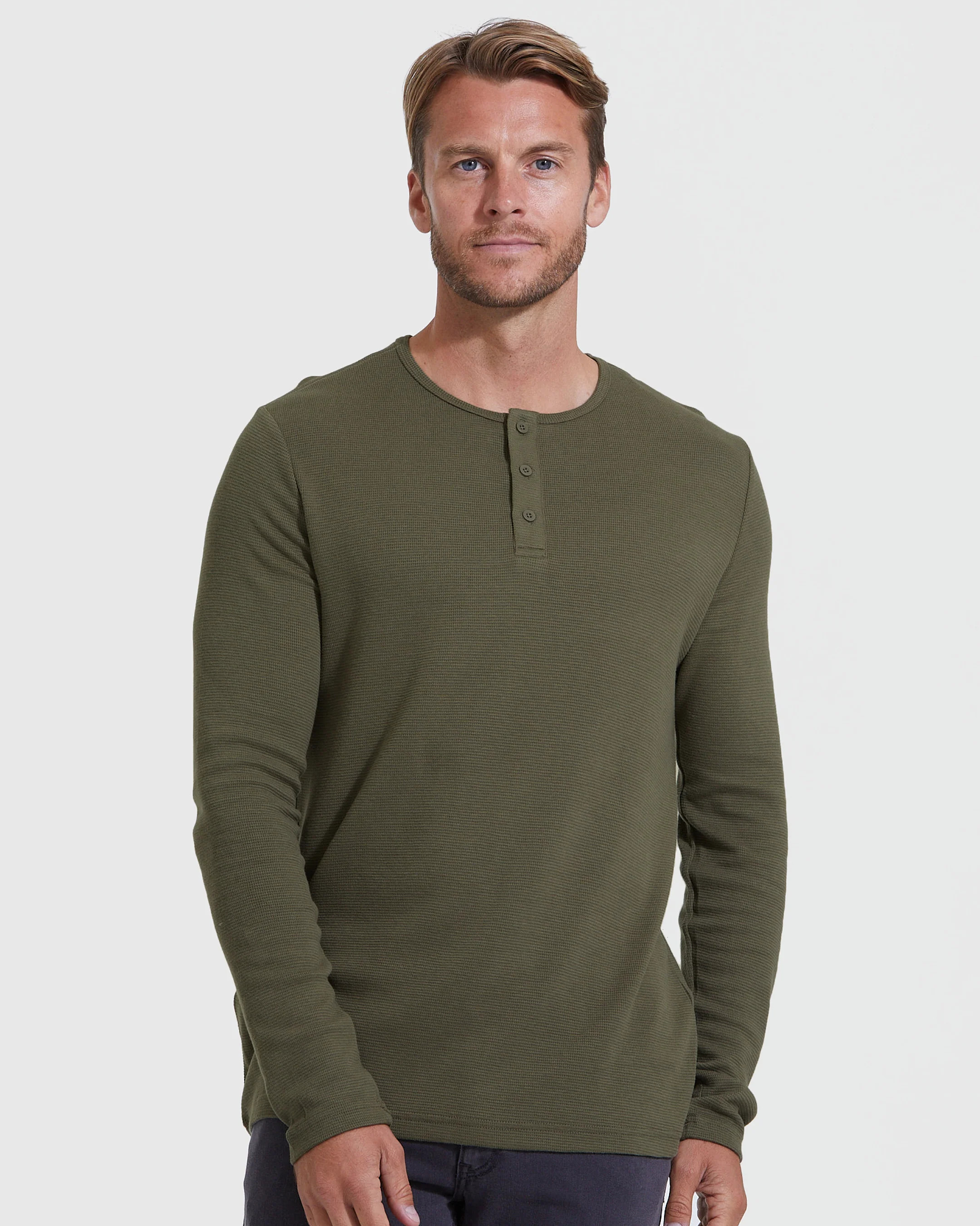 Military Green Waffle Long Sleeve Henley | True Classic