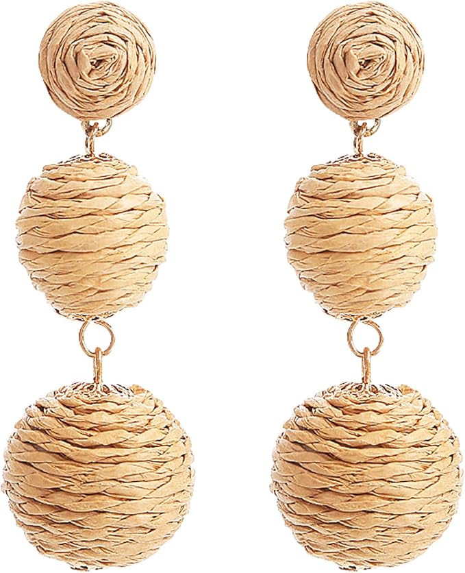 Statement Raffia Earrings for Women Girls Ball Geometric Lantern Ratten Drop Earrings Palm Bohemi... | Amazon (US)