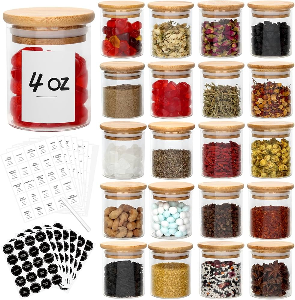 JuneHeart 4OZ Glass Spice Jars Set with Bamboo Lids and 333 Labels, 20 Pcs Clear Food Storage Con... | Amazon (US)