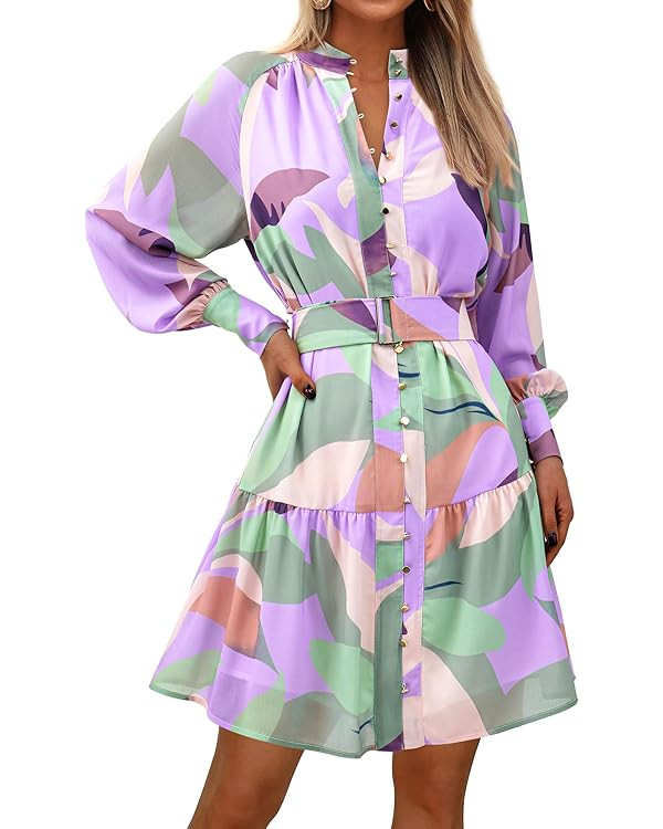 MASCOMODA Fall Dresses for Women 2024 Elegant Long Sleeve Button Short Floral Dress Chiffon A-Lin... | Amazon (US)