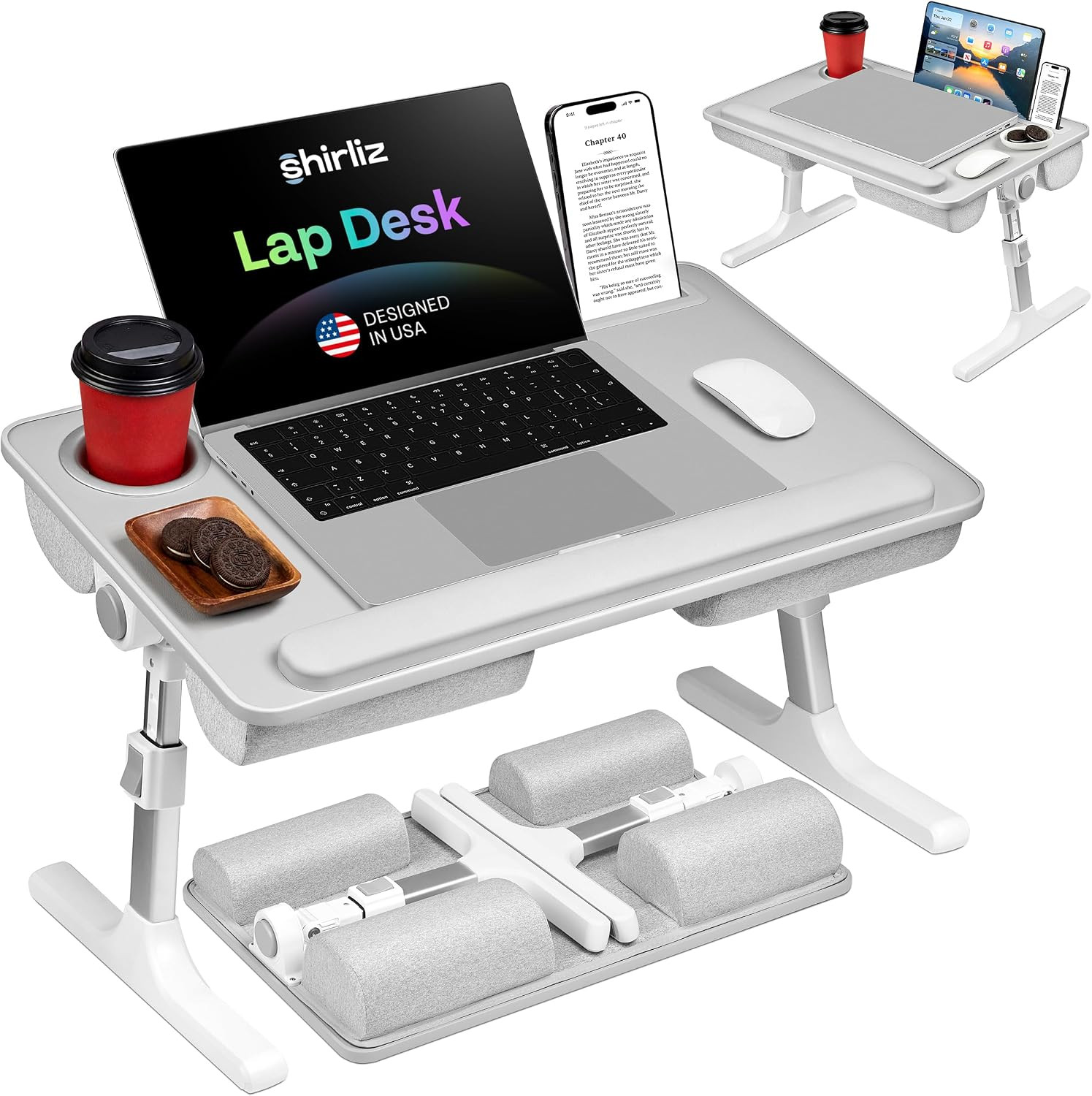 Lap Desk with Legs & Cushions: 2-in-1 Foldable Bed Desk for Adults - One-Touch Height Adjustment, Bed Table Tray Hold: up to 15.6“ Laptop, Mouse Cup Phone - Laptop Stand Desks for Bed (Gray) | Amazon (US)