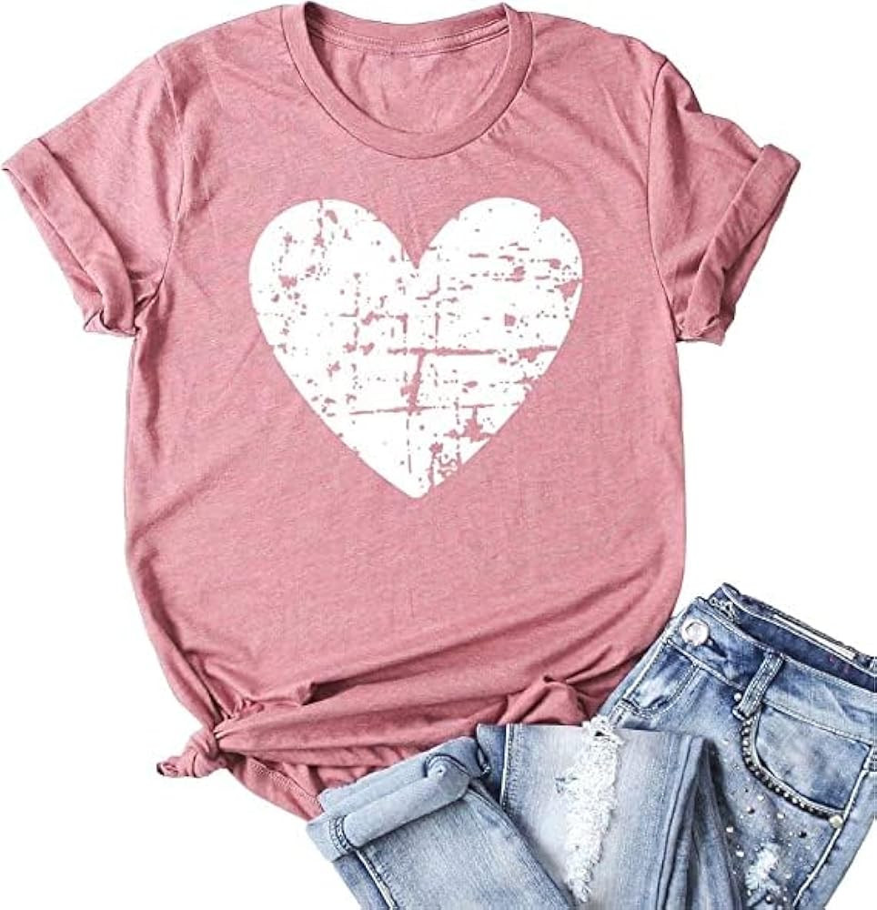 Women Valentine's Day Love Heart-Shaped Printed T Shirt Cute Graphic Tops Tee Gifts for Her Sprin... | Amazon (US)