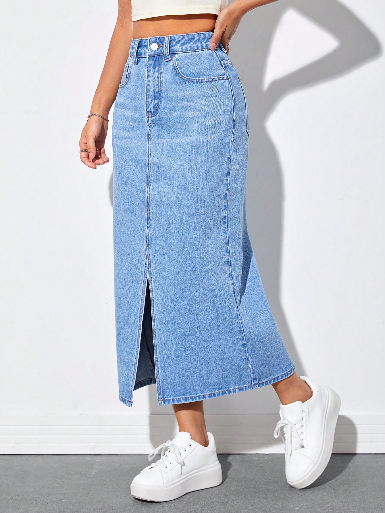 SHEIN PETITE High Waist Split Thigh Denim Skirt | SHEIN