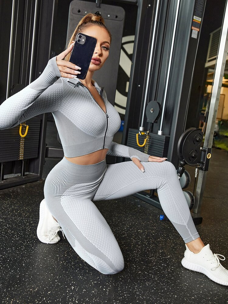 Seamless Zip Up Striped Sports Jacket & Leggings | SHEIN