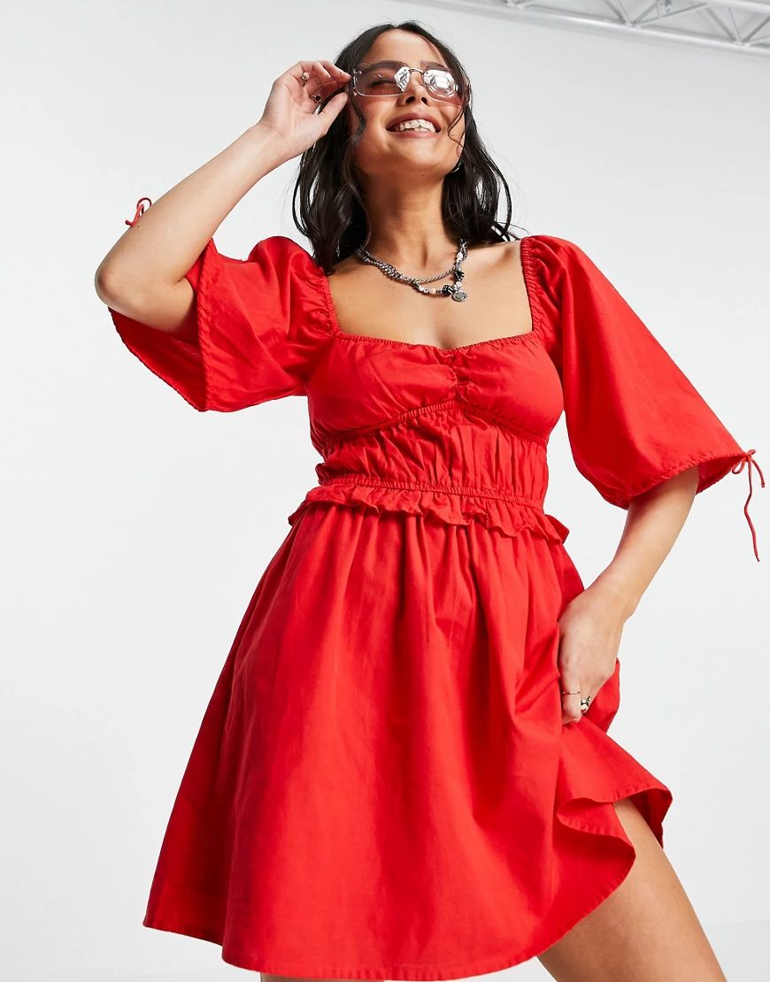 Bershka linen milkmaid mini dress in red | ASOS (Global)