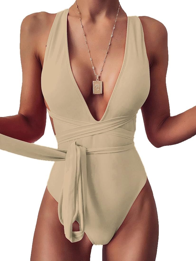 Lilosy Sexy Tie Criss Cross Plunge One Piece Thong Swimsuit High Cut Brazilian Bathing Suit | Amazon (US)