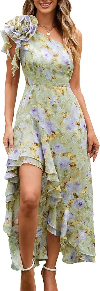 GRACE KARIN Womens Summer One Shoulder Sleeveless Dresses Floral Flowy Ruffle High Low Wedding Gu... | Amazon (US)