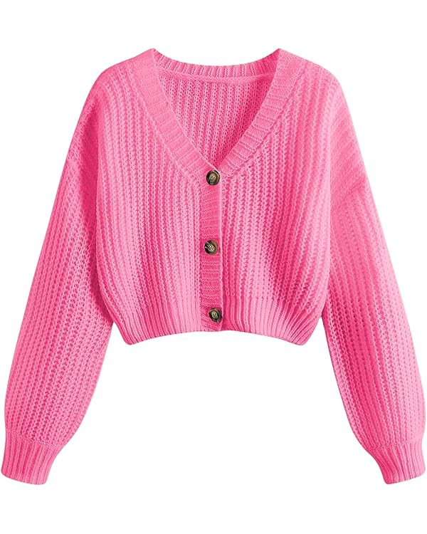 GORGLITTER Women's Button Up Cropped Cardigan Sweaters Chunky Long Sleeve V Neck Fall Coquette Ca... | Amazon (US)