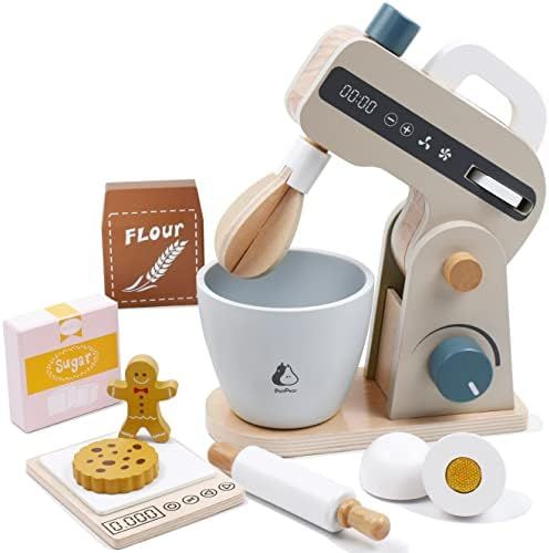 PairPear Play Food Stand Mixer, Wooden Toys Bake Cookies Playset, Multi-Function Play Kitchen Acc... | Amazon (US)