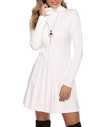 Gyabnw Damen Strickkleid Rollkragen Winterkleid Elegante A-Linie Knielanges Kleid Pulloverkleid Zopfmuster Minikleid Strickpullover für Party Cocktail Freizeit, Weiß-Rollkragen, S | Amazon (DE)