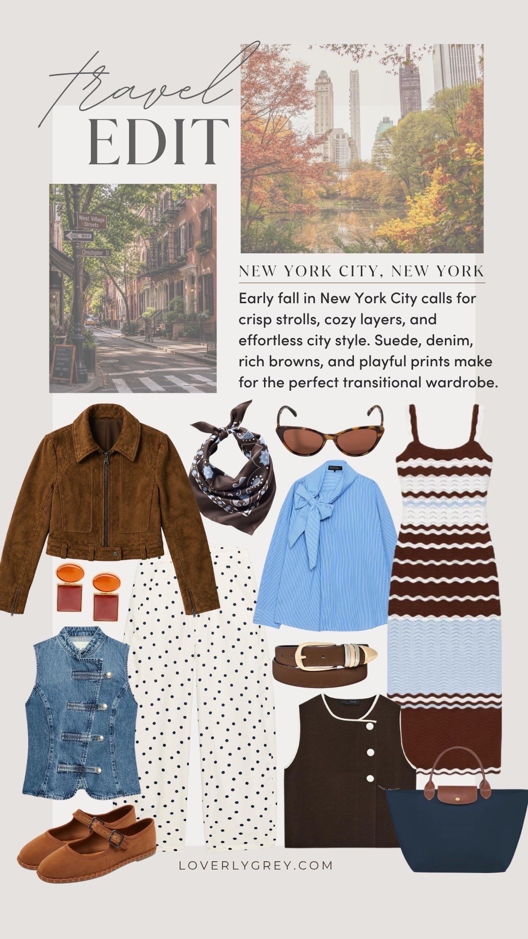 Early fall is such a pretty time to visit New York City! Love this brown and blue palette- it’s been on my moodboard all season long!

Loverly grey, nyc outfits, New York fashion inspo, what to wear in New York, city outfits fall, autumn nyc outfit inspo, suede jacket, polka dot jeans, sweater dress, fashion for New York women

#LTKSeasonal #LTKTravel #LTKootd