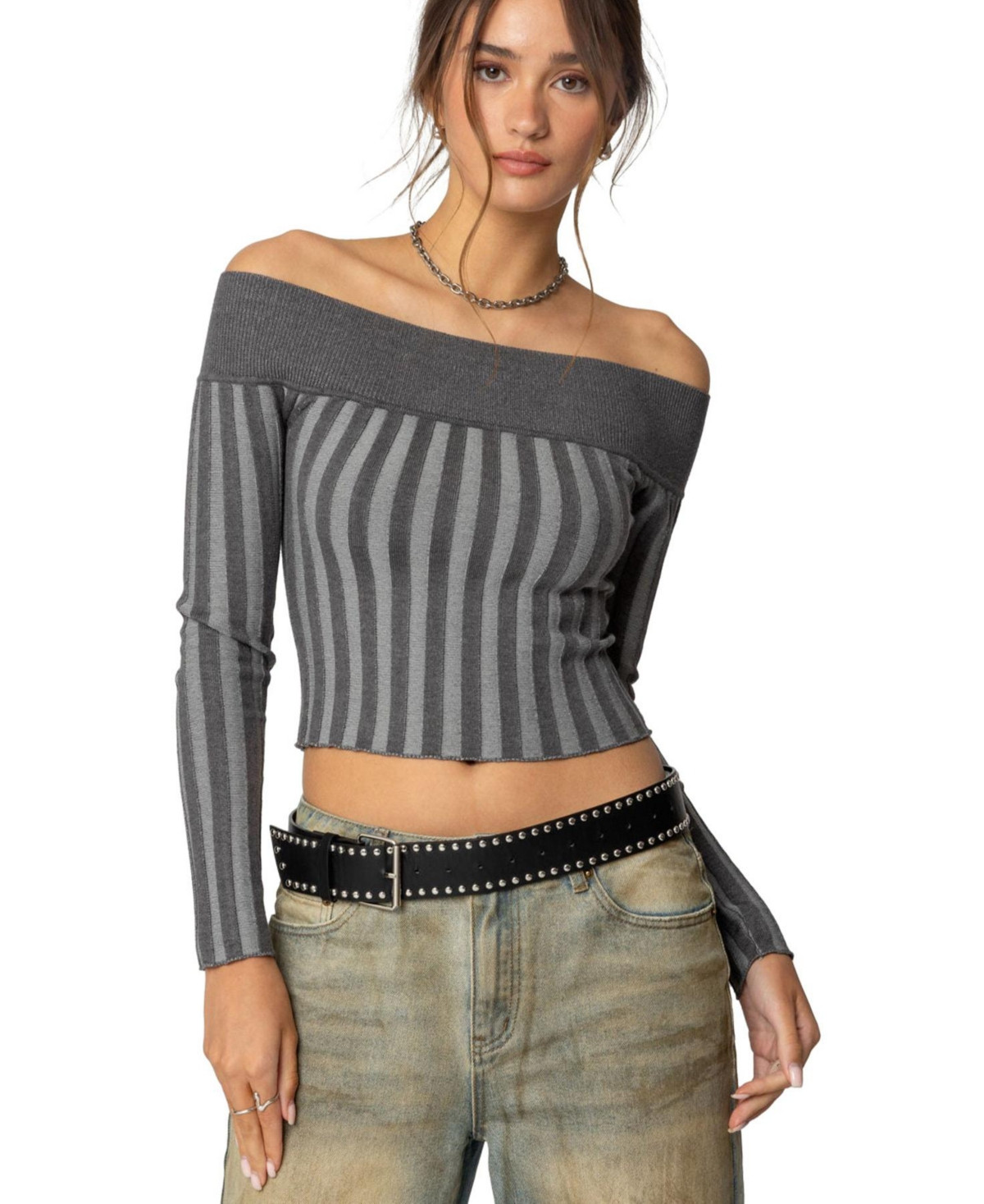 Edikted Womens Daren Off Shoulder Knit Top - Dark gray | Macy's