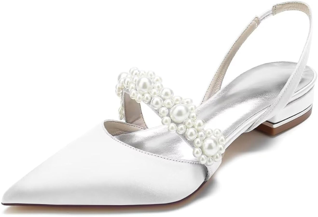 Satin Pearls Wedding Shoes for Bride Flat Pointed Toe Women Slingback Flats | Amazon (US)