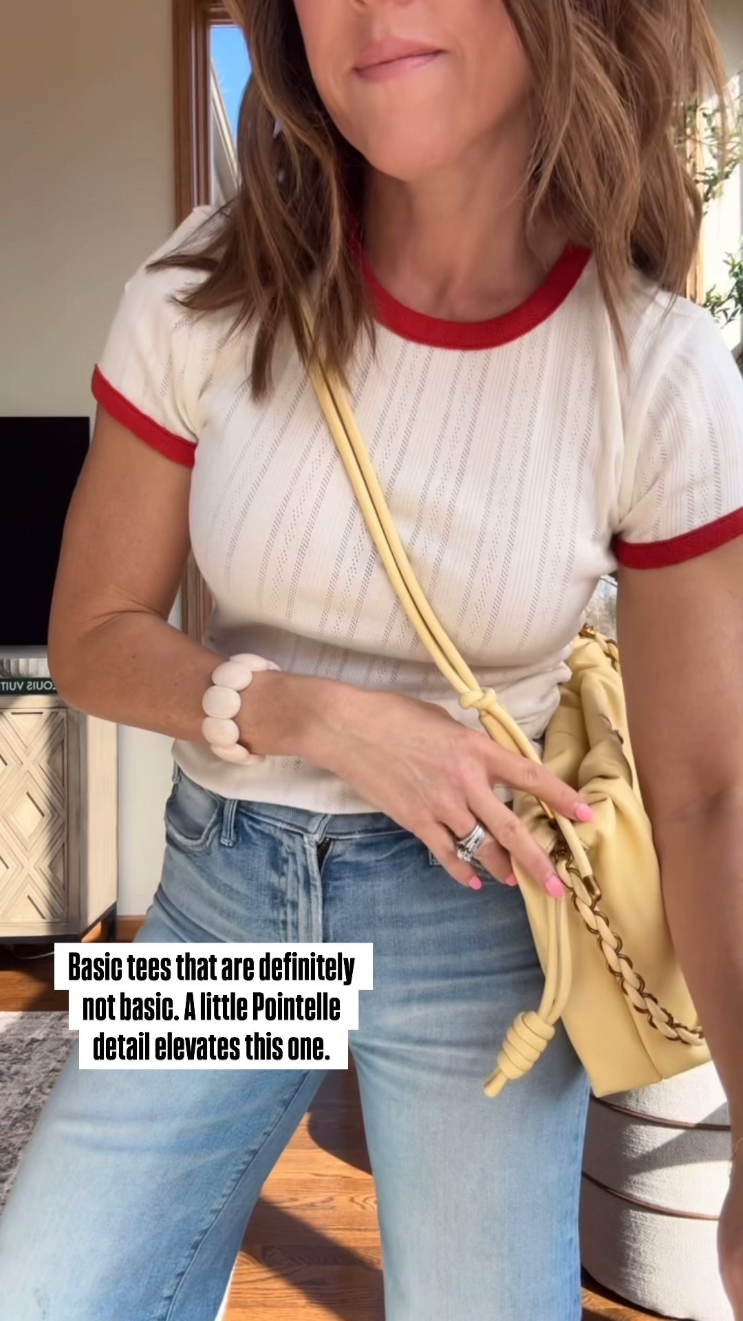 Size small. 
Love the pop of red. Also in solid colors & stripes. 
Spring essential. 
Jeans tts, 25 regular. I cut the hem

#LTKmomlife #LTKSeasonal