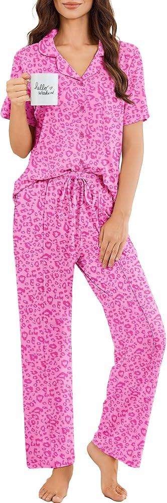 Ekouaer Pajamas for Women Set Button Up Sleepswear 2 Piece Short Sleeve PJ Top and Long Pants Lou... | Amazon (US)