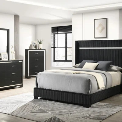 Contemporary King Size Upholstered Bed With Channel Tufting And High Headboard In Black Finish For Elegant Bedrooms | Wayfair North America