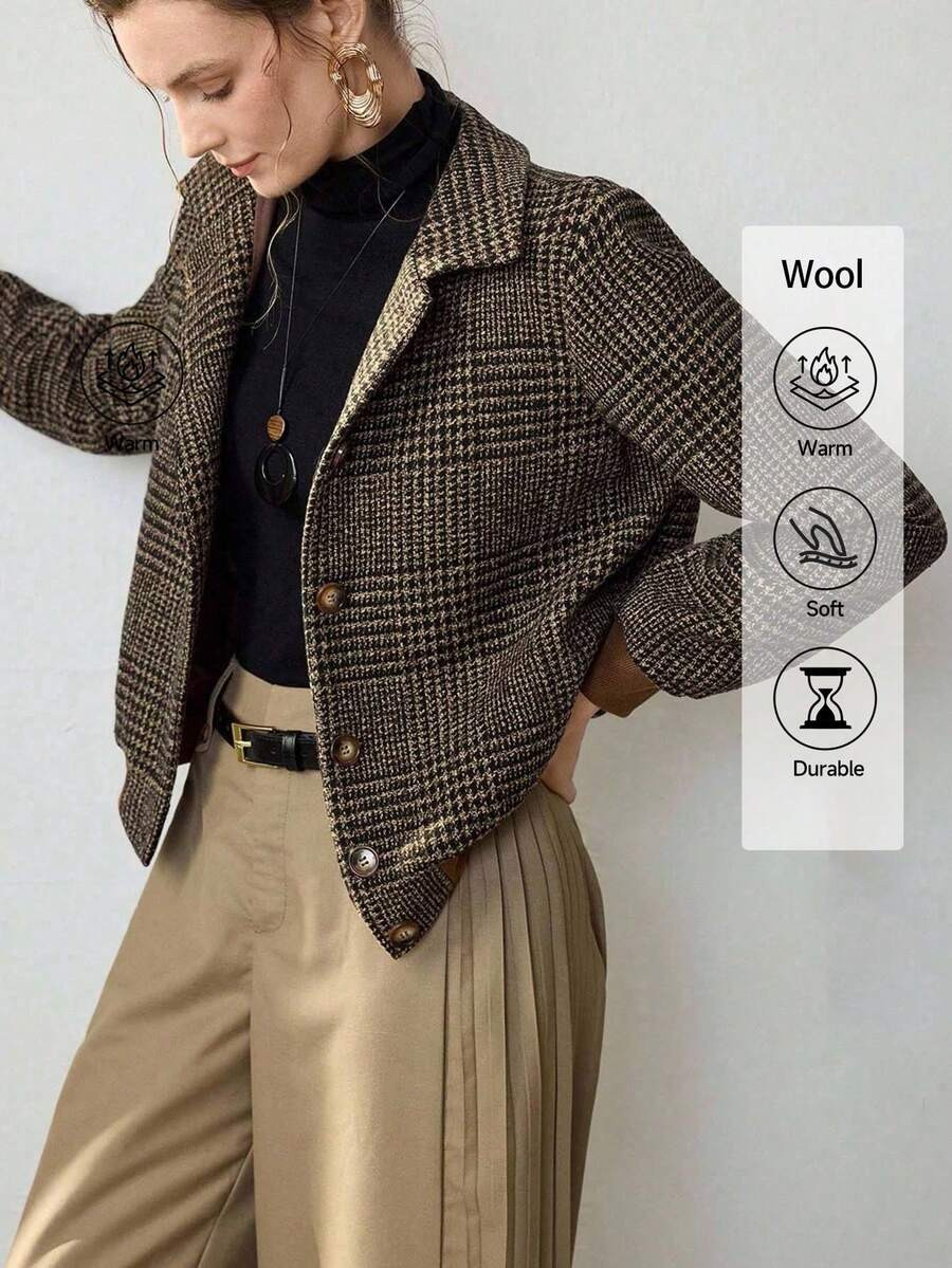 Uhlyne New Autumn/Winter Woven Turndown Collar Plaid Elegant Long Sleeve Casual Fitted Buttoned D... | SHEIN