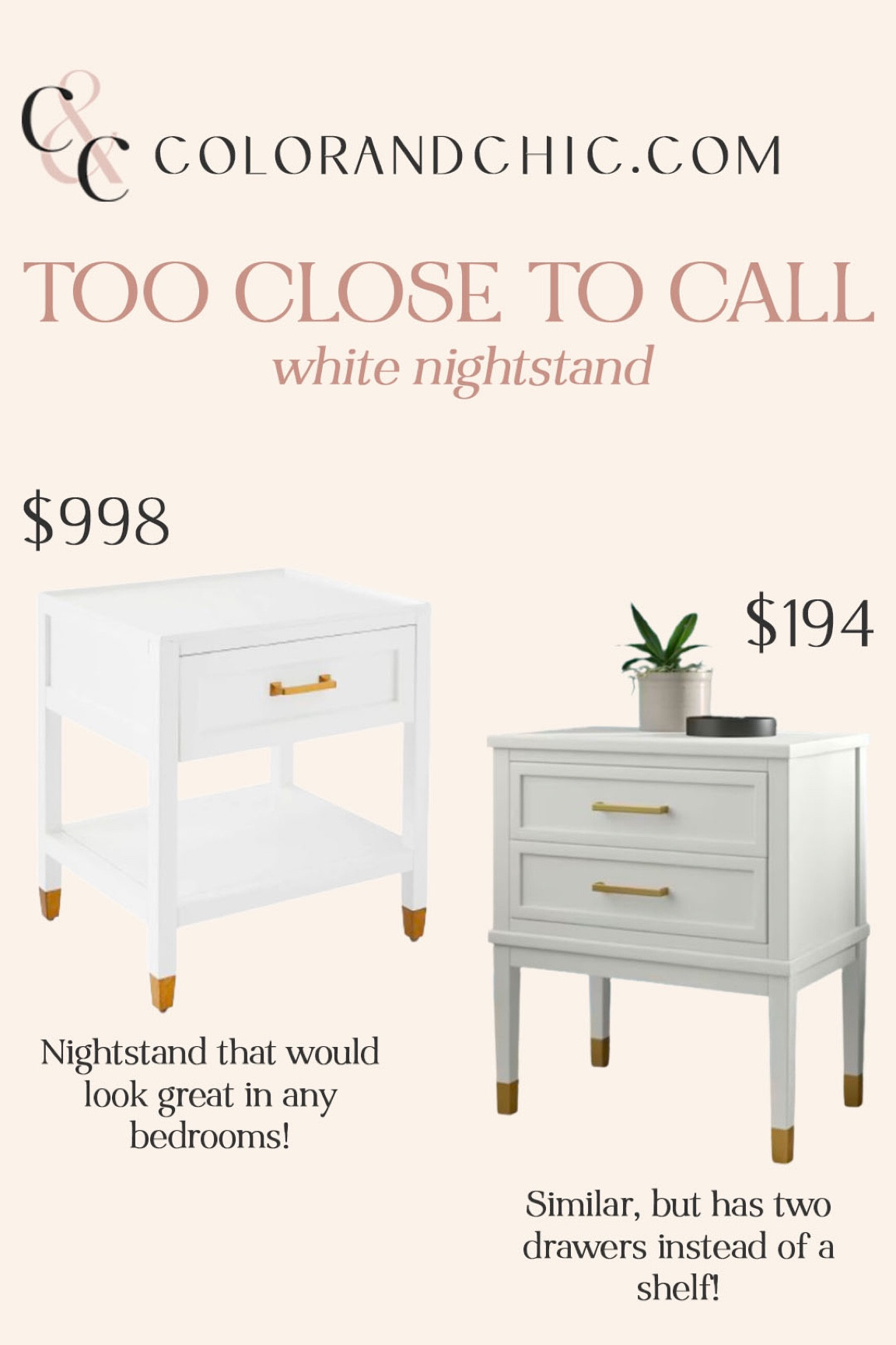 Two white nightstands with one having two drawers and the more expensive one having a drawer and shelf! 

#LTKhome #LTKstyletip