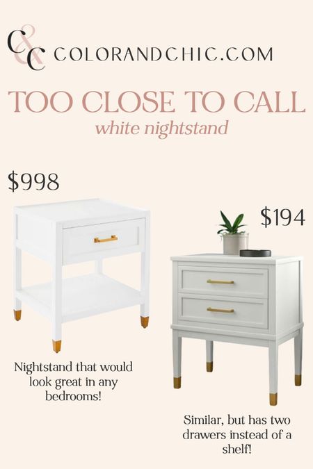 Two white nightstands with one having two drawers and the more expensive one having a drawer and shelf! 

#LTKhome #LTKstyletip