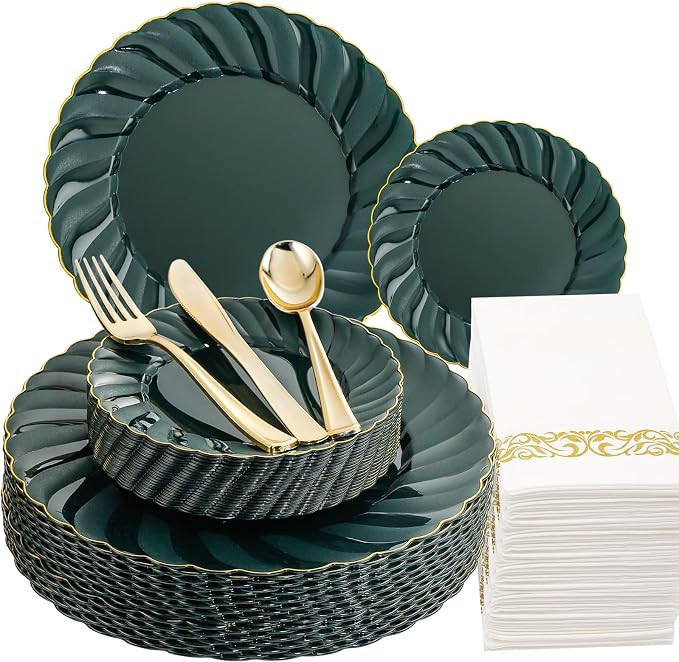 YOUBET 150PCS Green Plastic Plates with Gold Rim- Green Plates Include 25 Dinner Plates, 25 Salad... | Amazon (US)